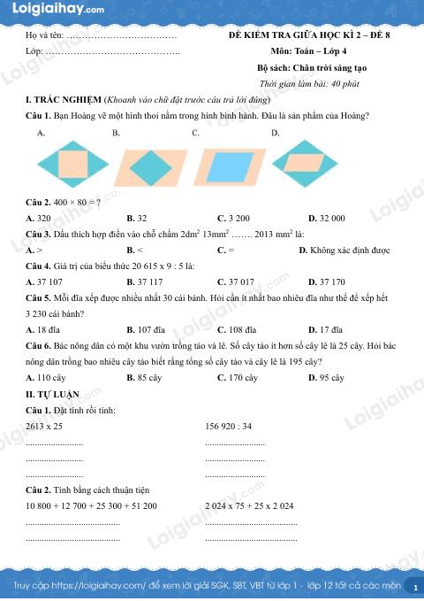 Đề kiểm tra giữa học kì 2 Toán 4 Chân trời sáng tạo - Đề số 8